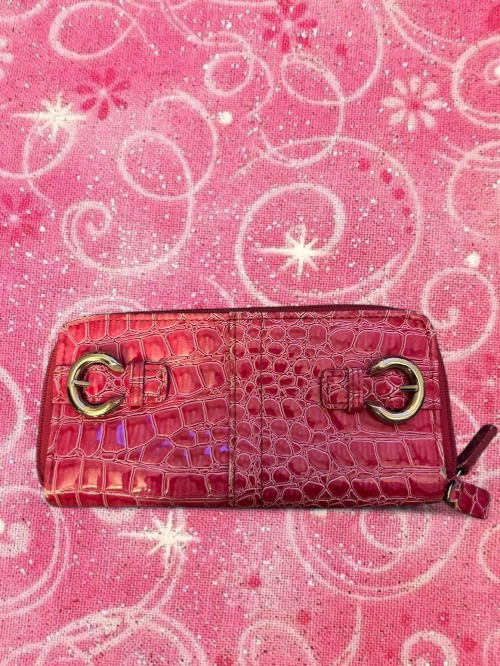 Pink Croc-Embossed Zip Wallet with Gold Rings